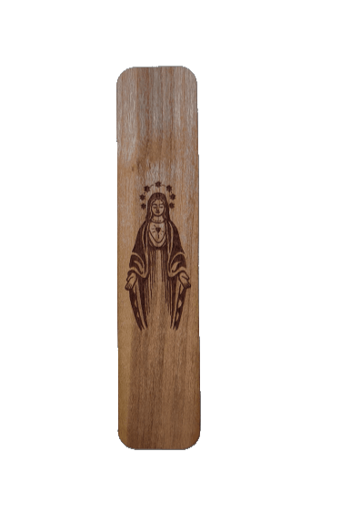 Marcapaginas de madera con imagen de virgen de la milagrosa