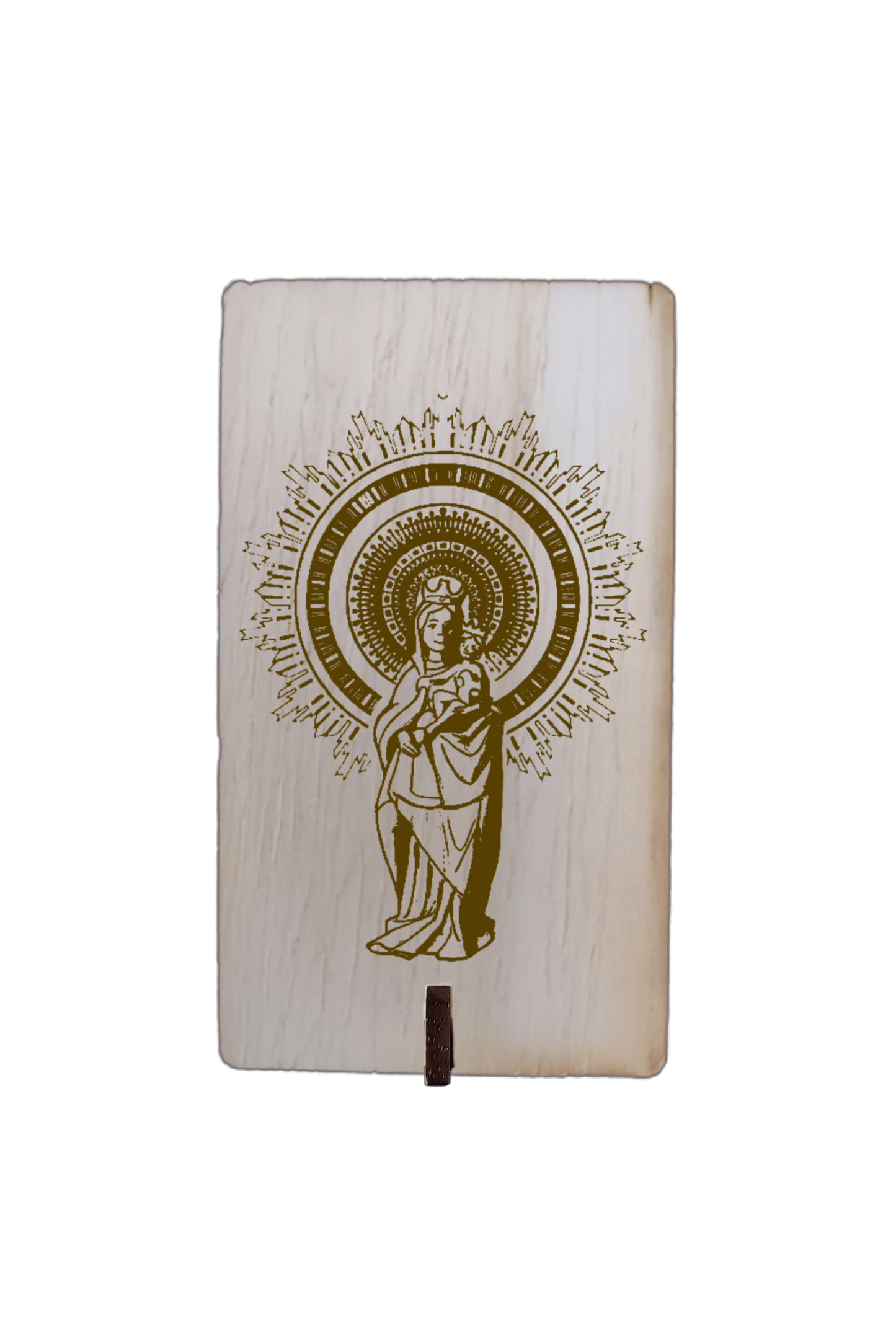 tablilla de madera con imagen catolica virgen del pilar con soporte