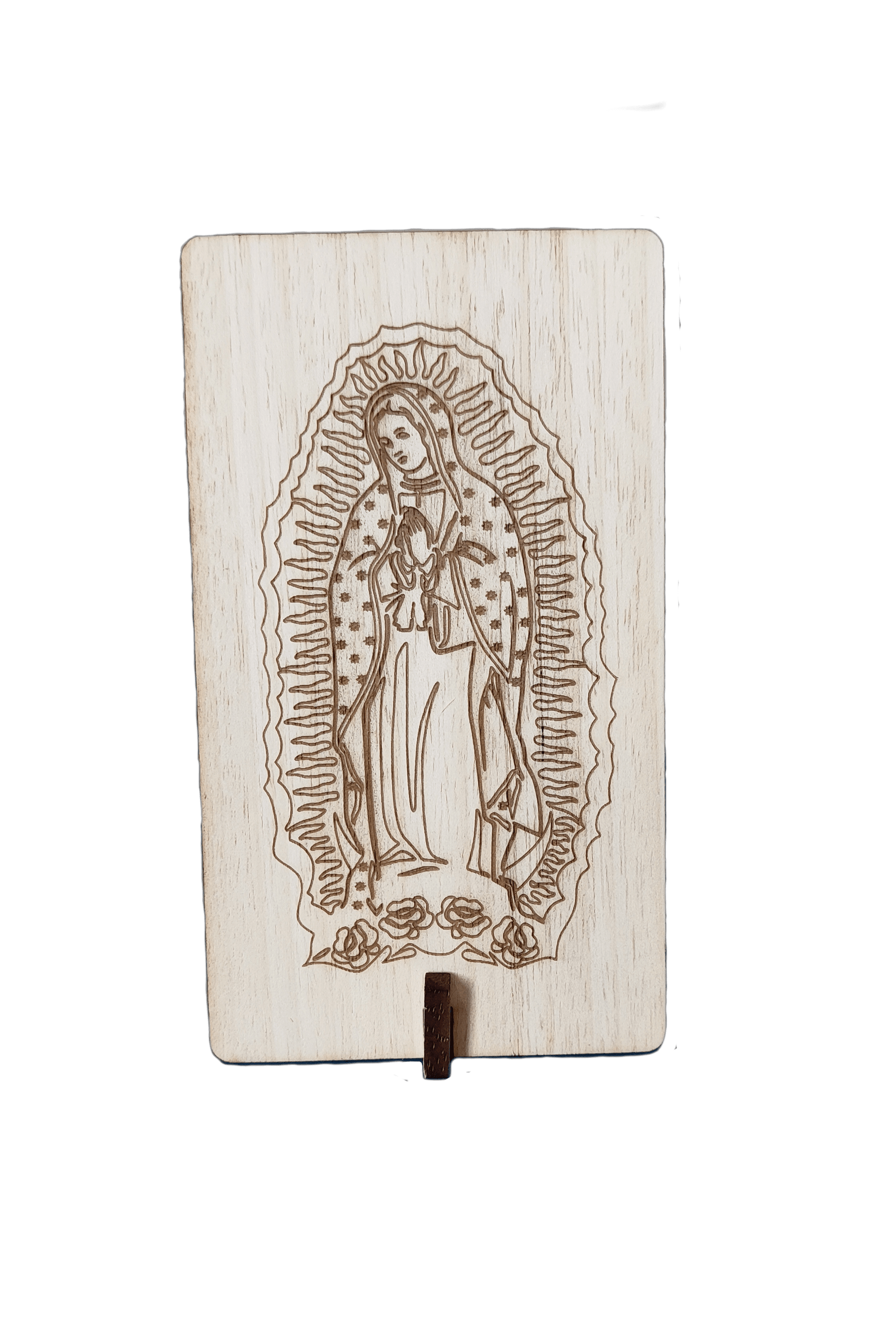 tablilla de madera con imagen catolica virgen guadalupe con soporte