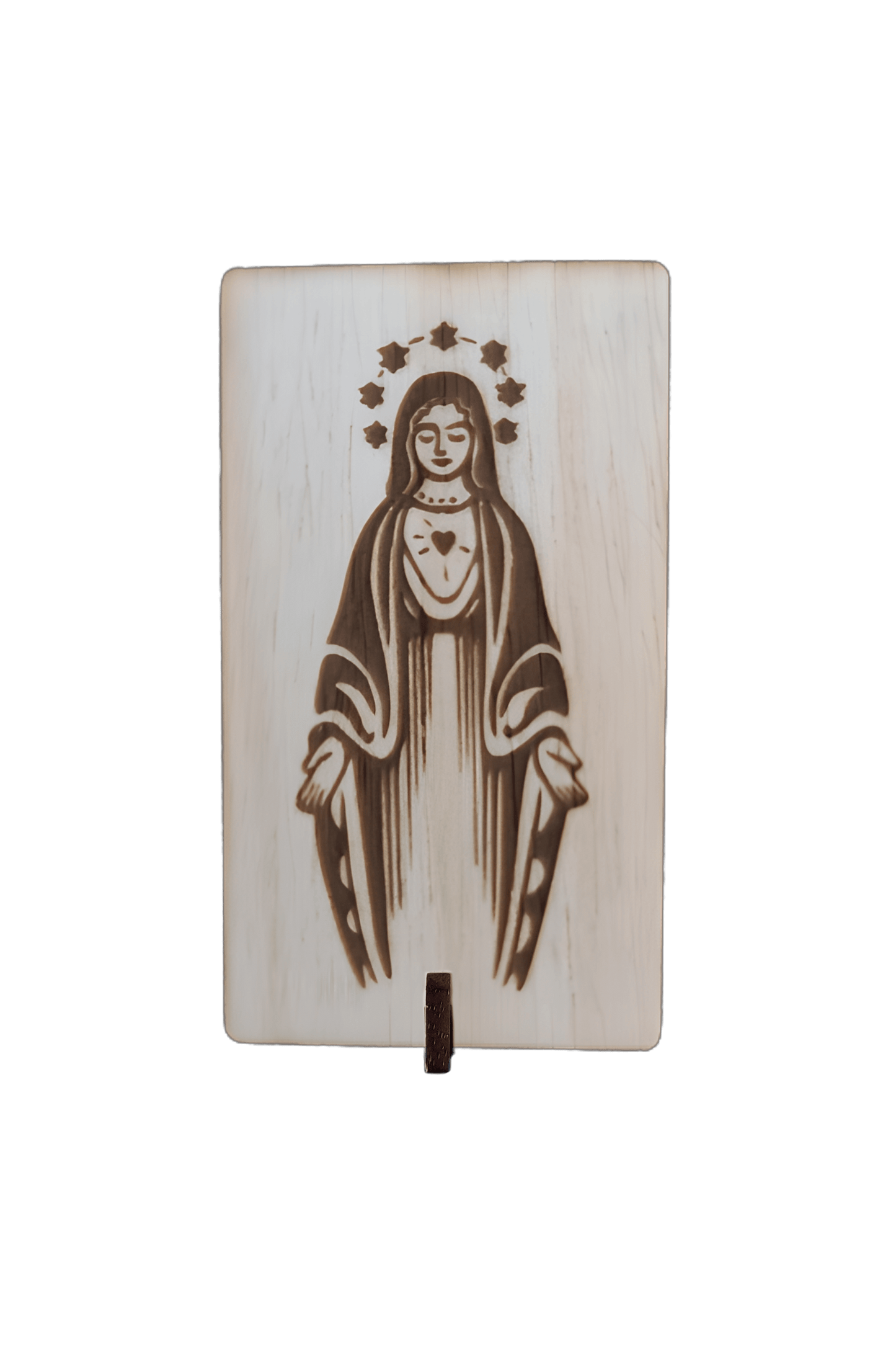 tablilla de madera con imagen virgen de la milagrosa con soporte